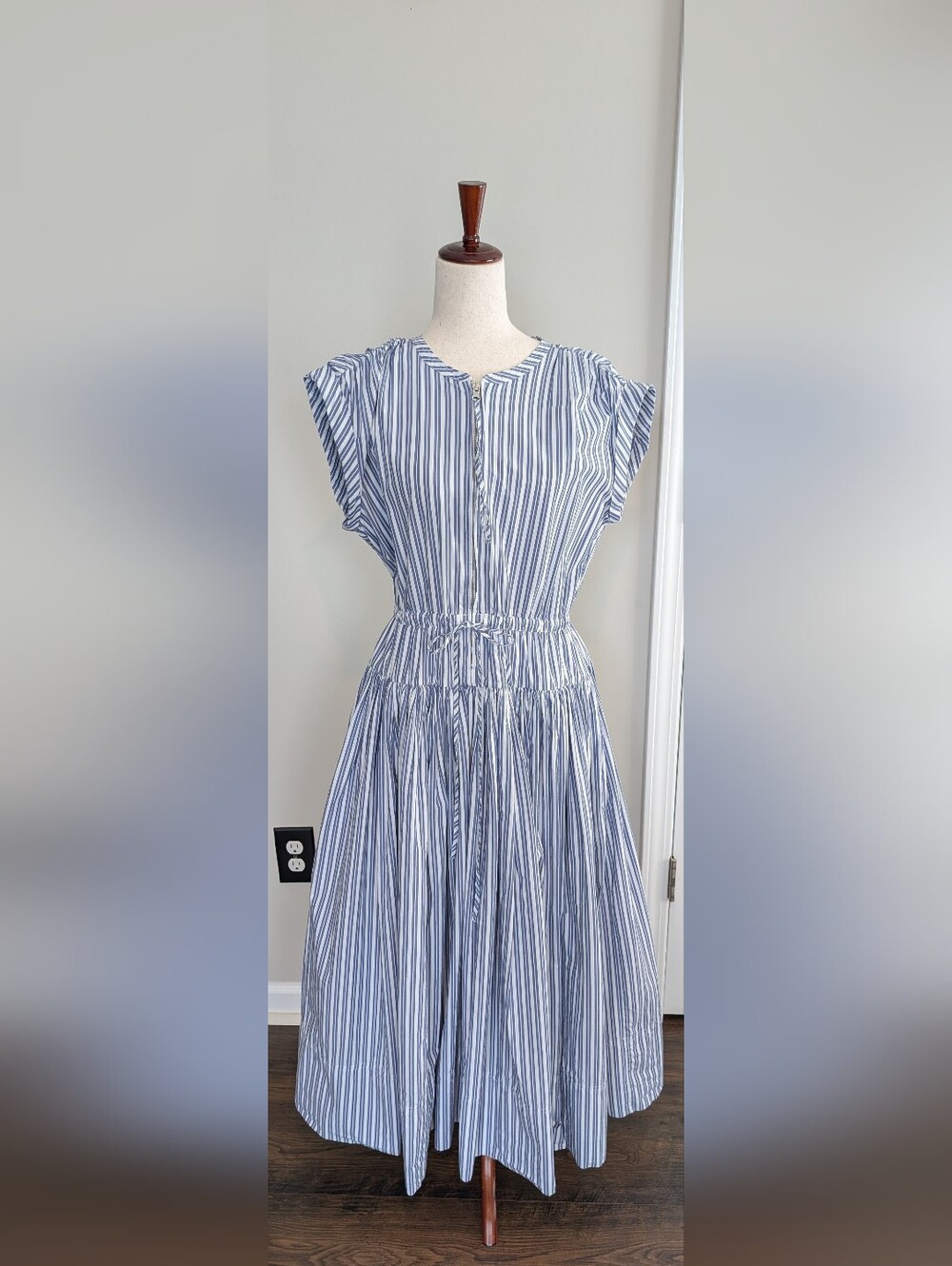 J. Crew Drop-Waist Midi Dress in Striped Cotton Poplin Blue White Size Medium